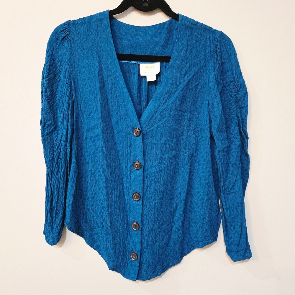 Maeve Anthropologie Teal Blue Textured Puff Sleeve Button Down Blouse Top Size 6